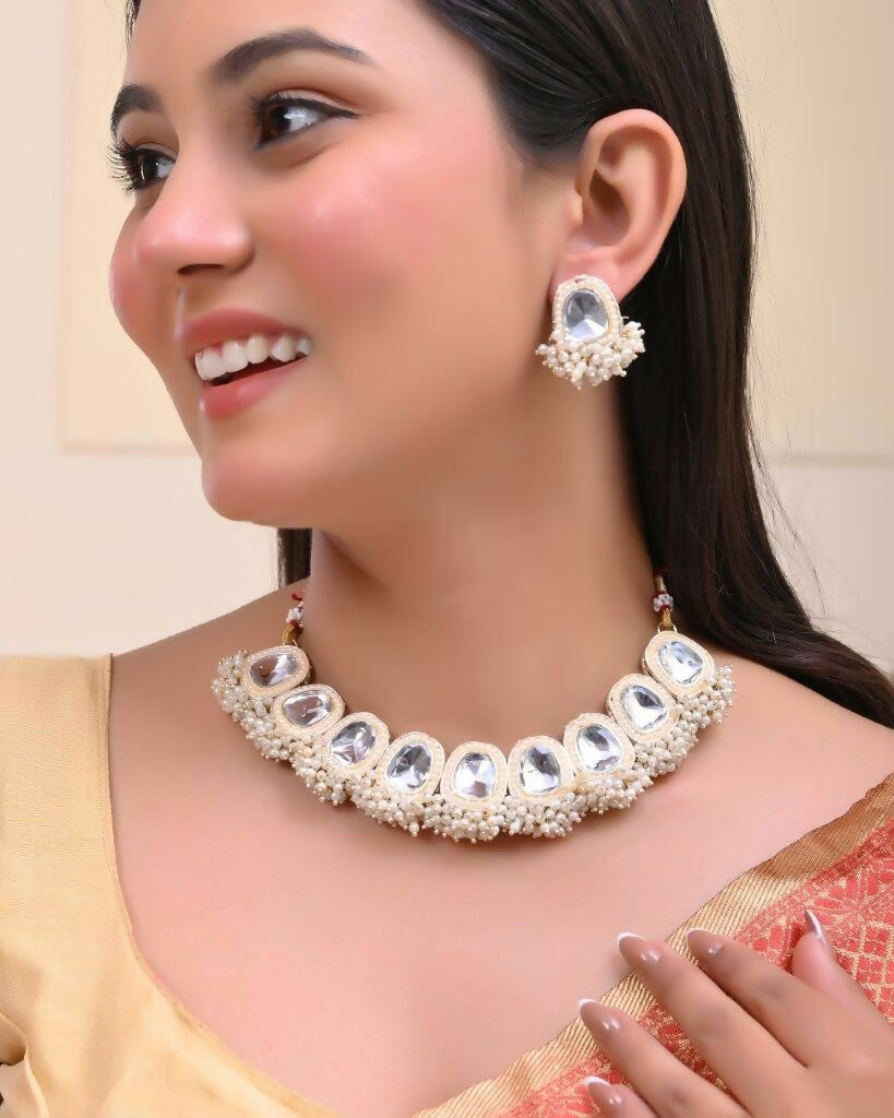 VOJ Gold-Polished Kundan Studded Choker And Earrings Set