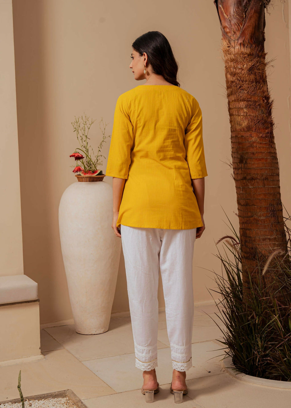 Juniper Mustard Striped Cotton Tunic With Thread Work And Button Detailing