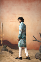 Palm Trees Relaxed Hues Printed Silk Nehru Jacket Set by Hilo Design