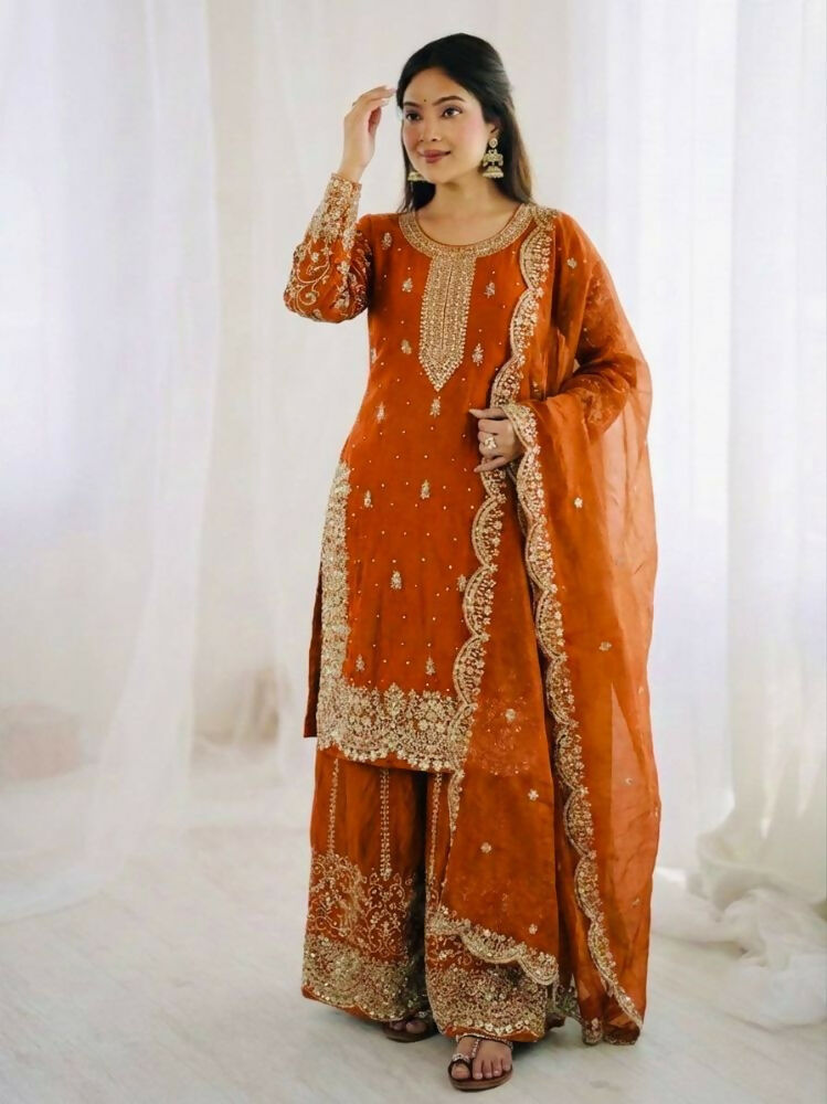 Teeya Creation Orange Color Fendy Silk Embroidery Work Wedding Wear Salwar Suit - Distacart