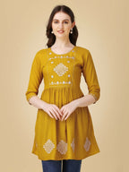 Jyoti Fashion Women's Mustard Viscose Rayon Embroidered Casual Top