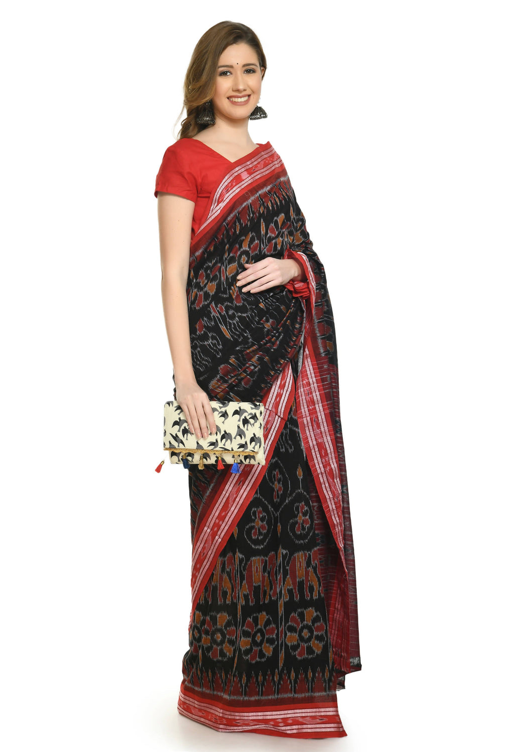 Vamika Sambalpuri Ikat Cotton Dehabandha Tribal Maroon & Orange Saree - Distacart
