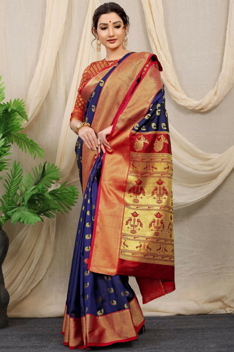 Jyoti Fashion Women's Navy Blue Banarasi Silk Zari Woven Saree with Blouse