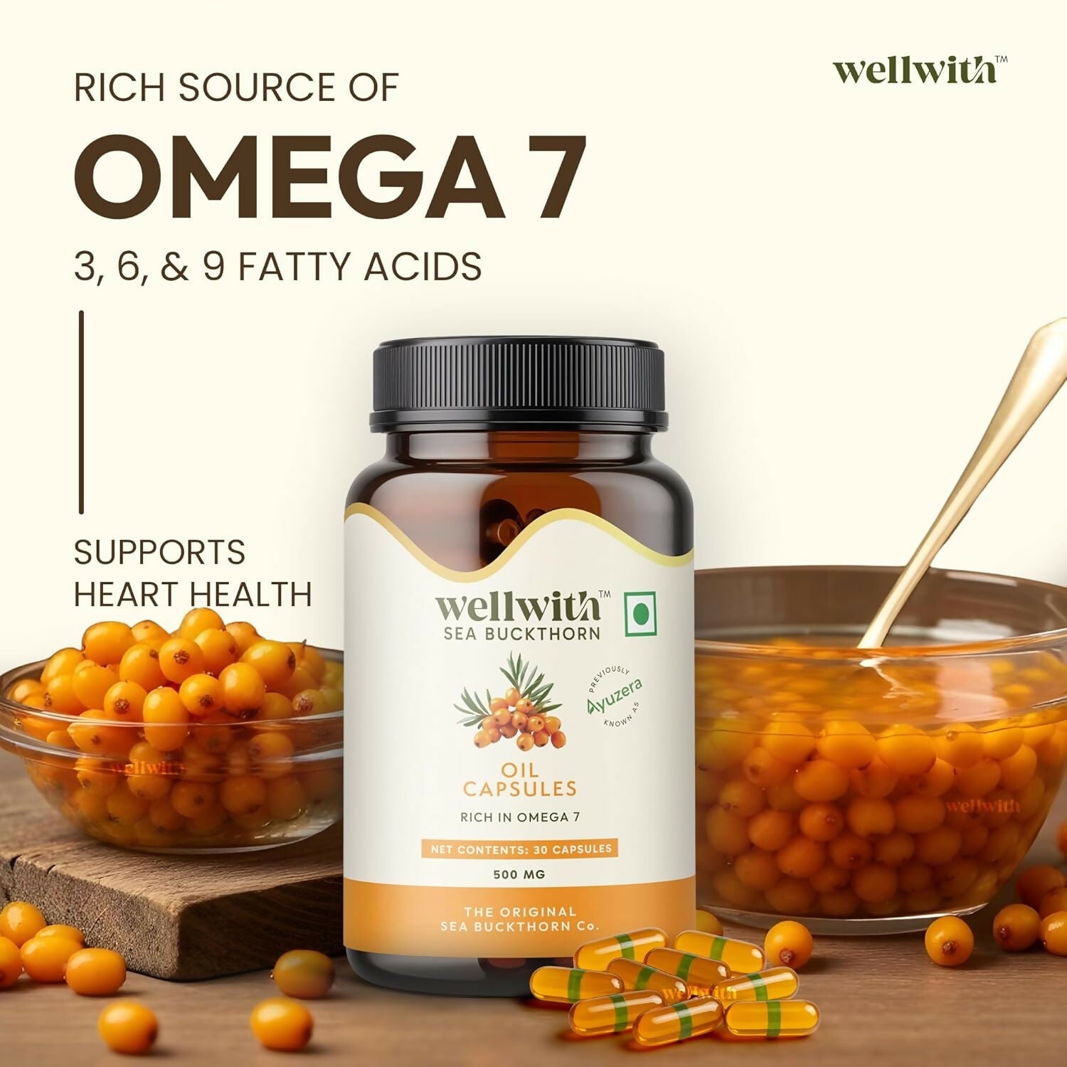 Wellwith Sea Buckthorn Berry Oil Vegan Omega 7 500mg, Softgels Capsules