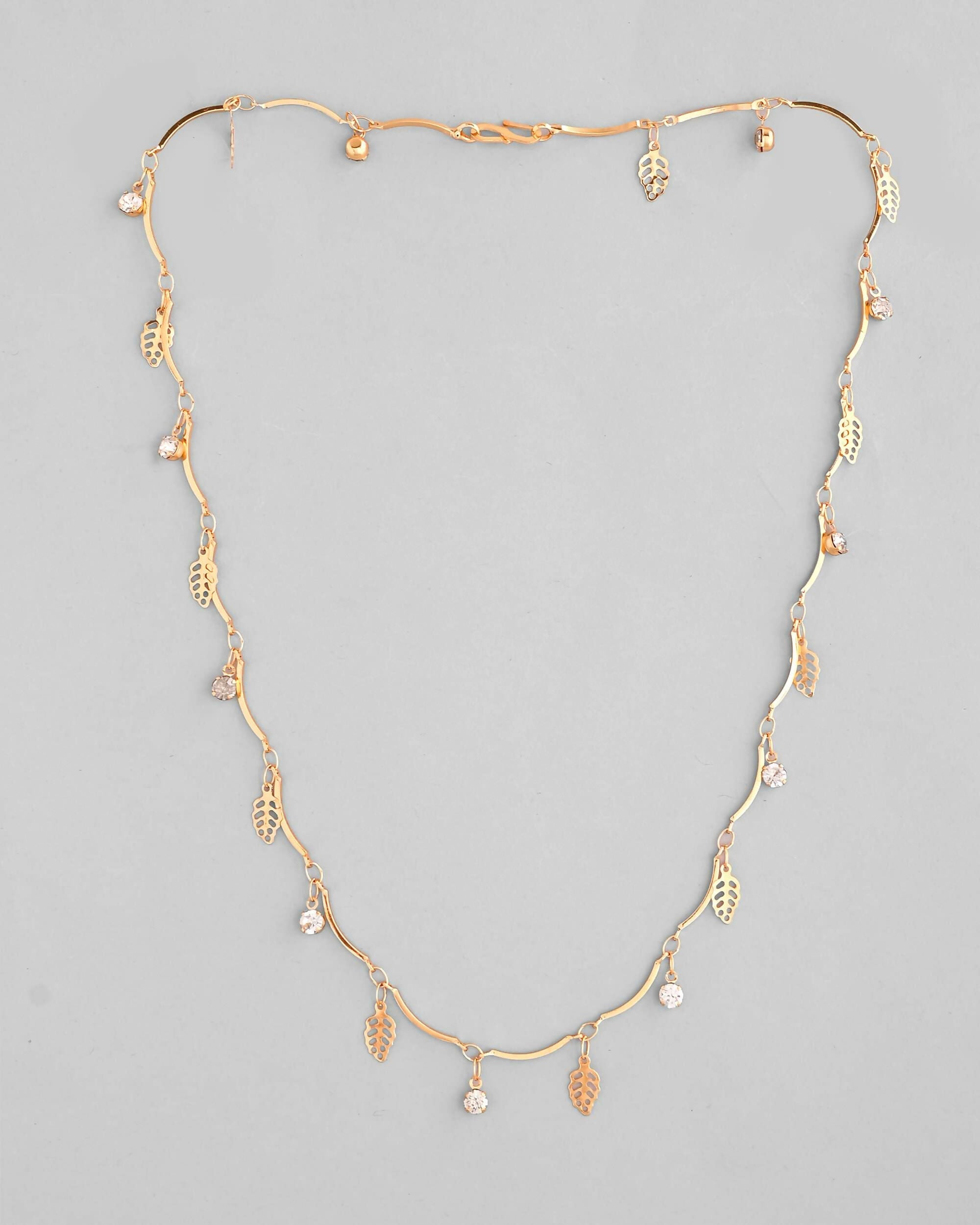 VOJ Gold-Polished Designer Chain For Women With AD Stone And Leaf