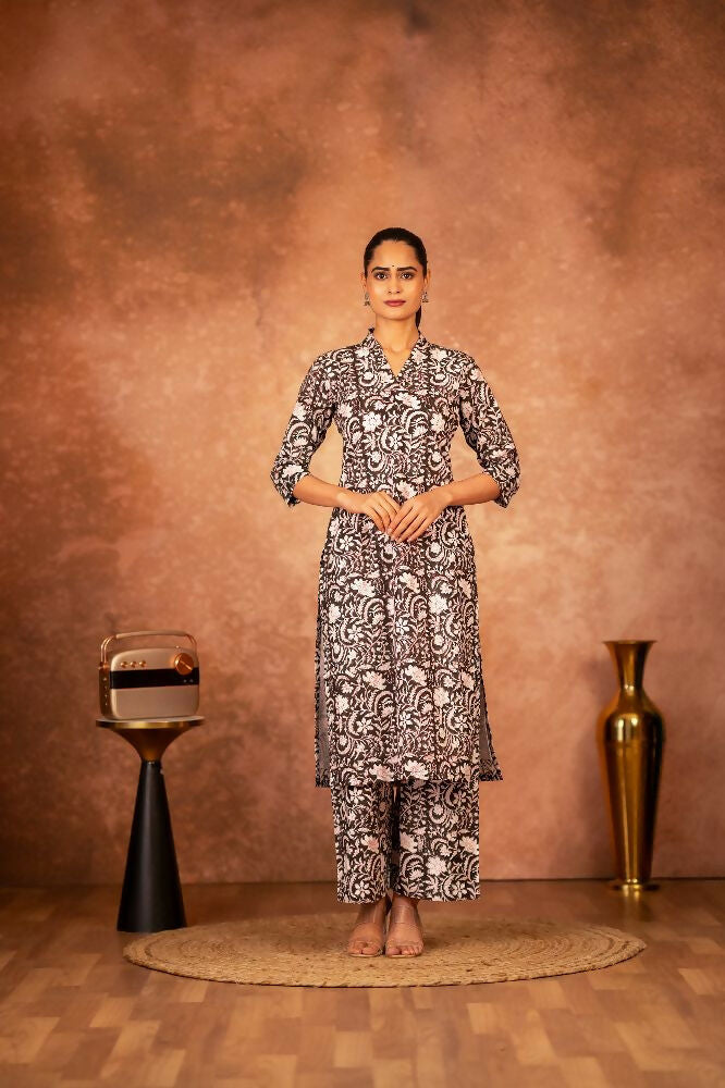 Joban Fashion Black Floral Hand Block Printed Cotton Kurta Pant Set - Distacart