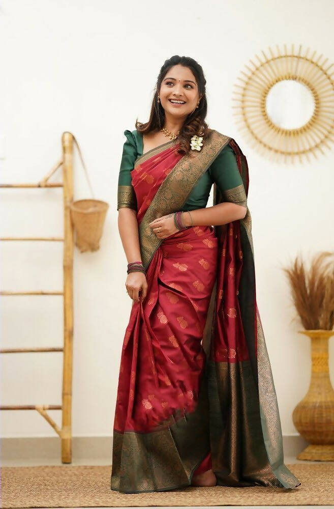 DEIANA'S Beautiful Designer Golden zari Soft Lichi Silk Saree - Red