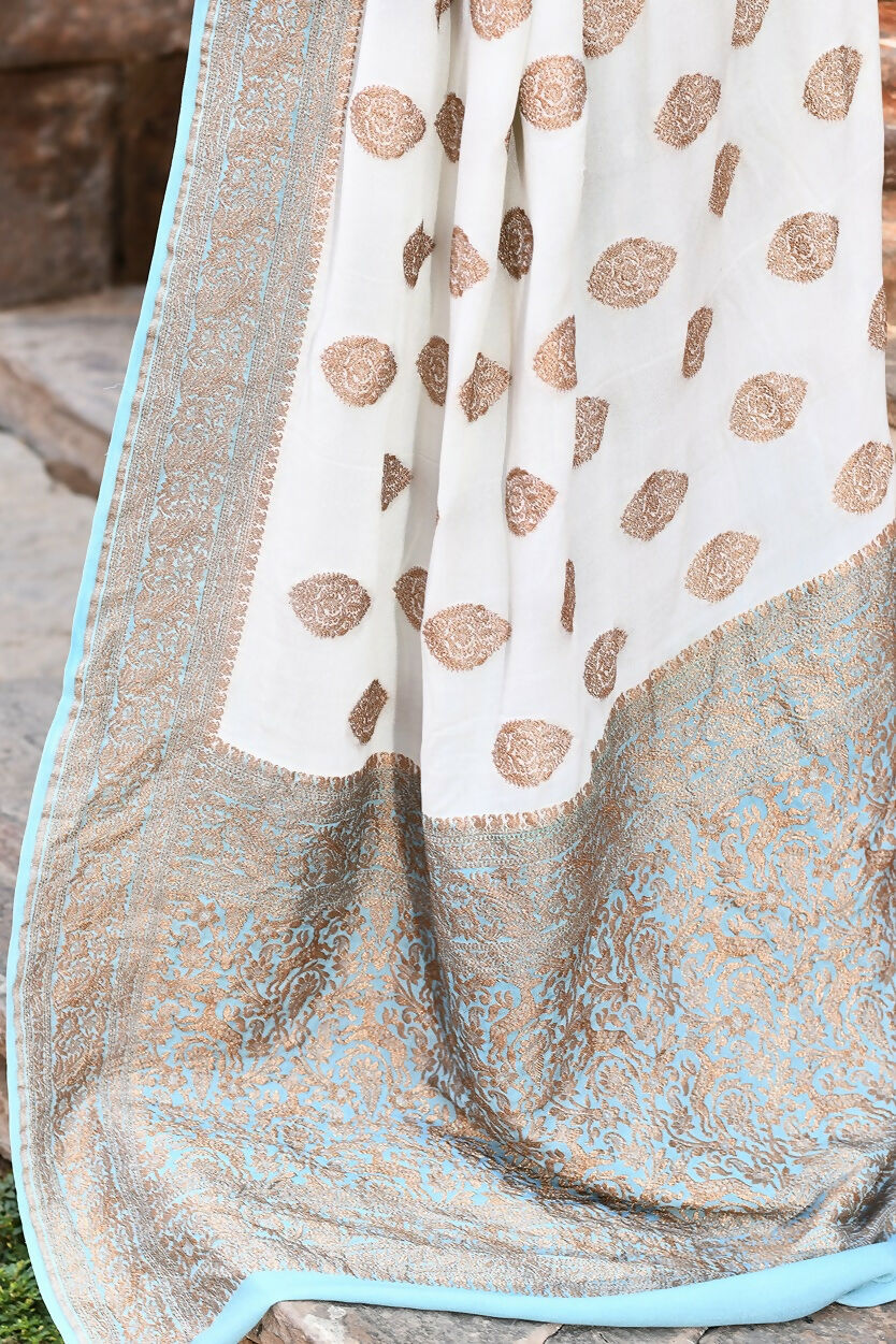 Joban Fashion Light Sky Blue Crepe Chiffon Pure Handloom Banarasi Silk Saree