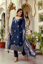 The52 Navy Blue Women's Beautiful Viscose Chanderi Fabric Thread Work Straight Kurta Pant and Dupatta Set - Distacart