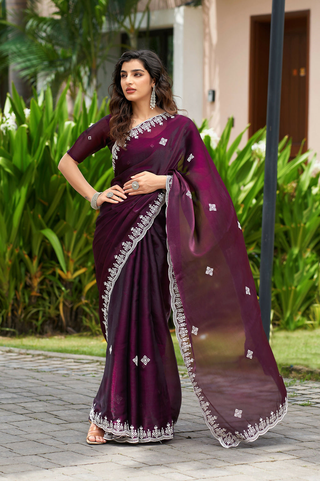Vastranavya Wine Embroidery Work Shimmer Chiffon Saree with Unstitched Blouse - Distacart