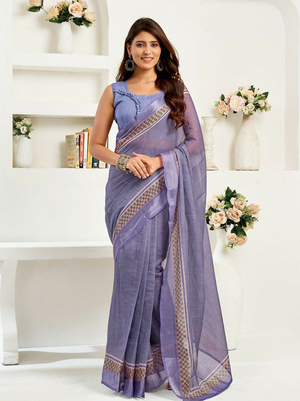 Joban Fashion Lavender Striped Linen Ready To Wear Saree With Unstitched Blouse - Distacart