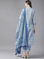 Yufta Women White & Blue Ethnic Hand Block Print Pure Cotton Kurta with Trouser & Dupatta