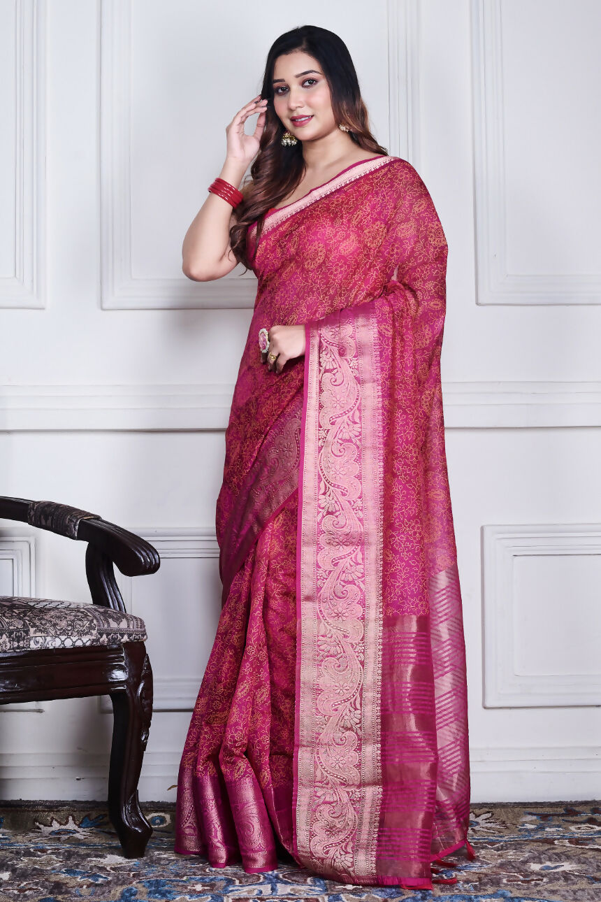 Morchari Pink Script Printed Orzanga Saree Unstitched Blouse - Distacart