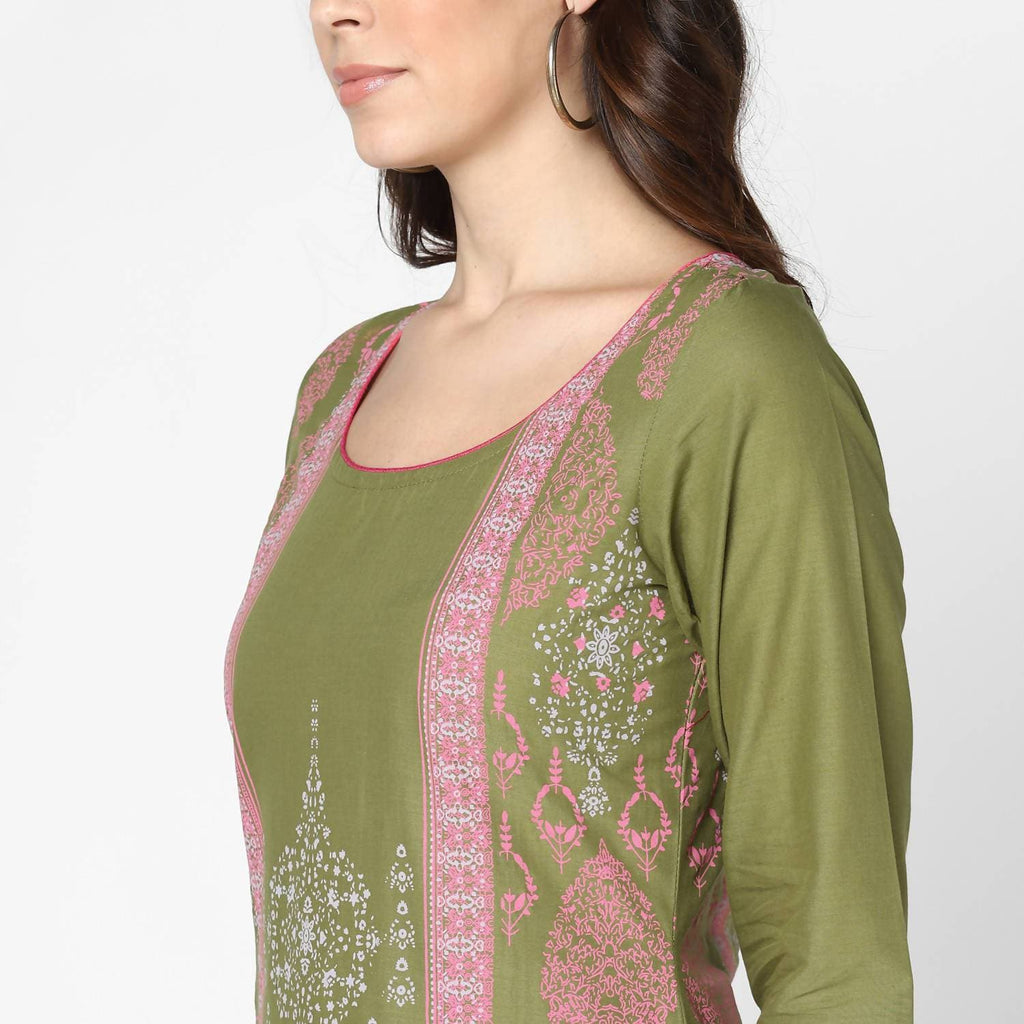 Cheera Hand Block Print Military Color Straight Kurta (MAAI-047K)