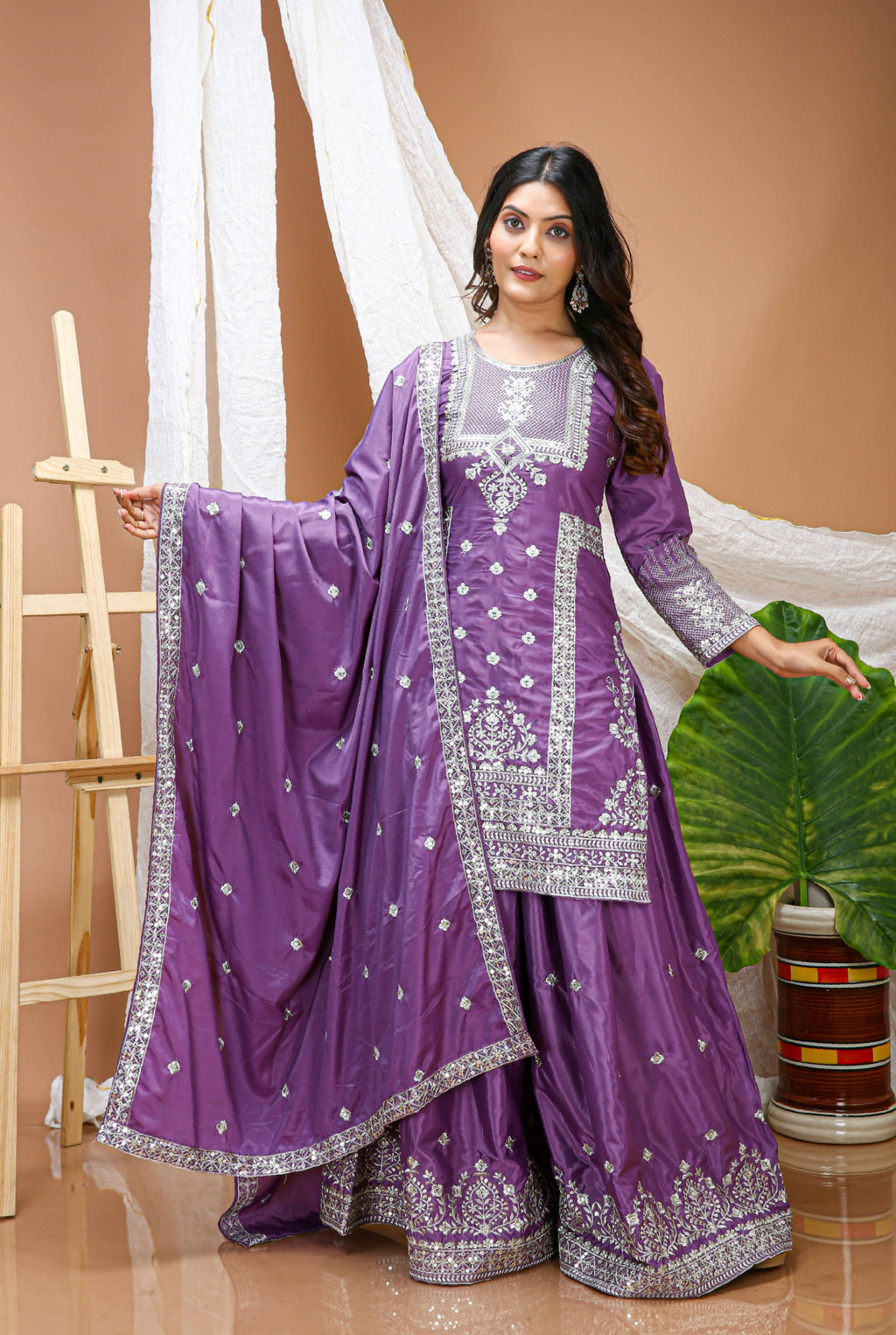 Lehenga Mart Designer Sharara Suit With Kurta, Sharara, Dupatta For Women-Lavender Violet - Distacart
