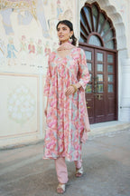 Vaasva Women Peach Muslin Embroidered Kurta, Pant & Dupatta Set
