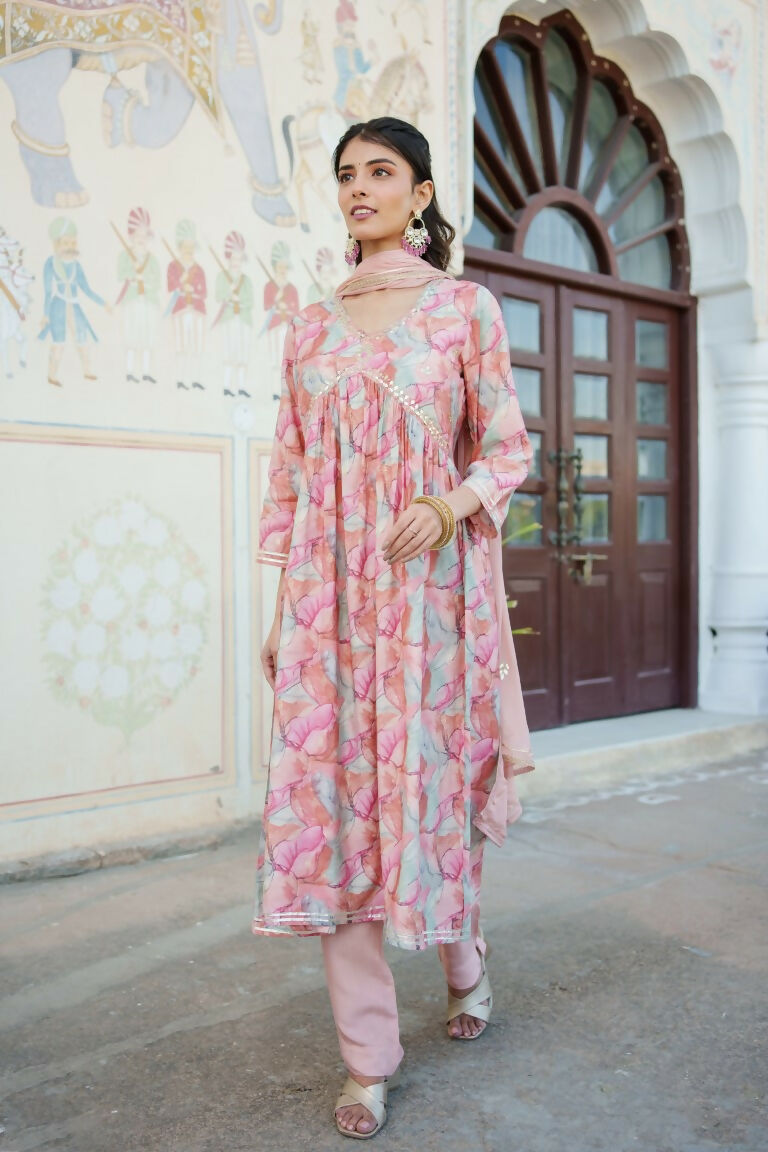 Vaasva Women Peach Muslin Embroidered Kurta, Pant & Dupatta Set