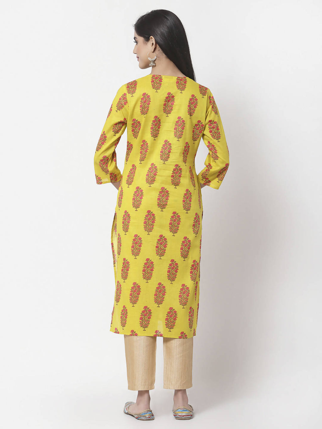 Myshka Women Yellow Pure Cotton Printed 3/4 Sleeve Round Neck Kurta