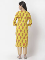 Myshka Women Yellow Pure Cotton Printed 3/4 Sleeve Round Neck Kurta