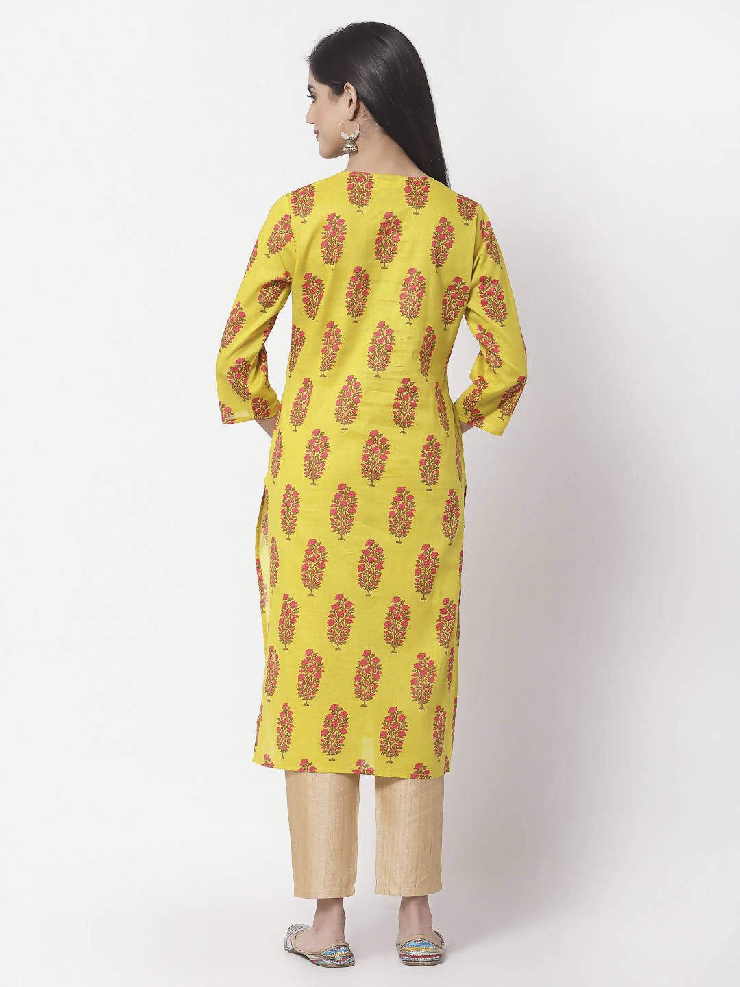 Myshka Women Yellow Pure Cotton Printed 3/4 Sleeve Round Neck Kurta