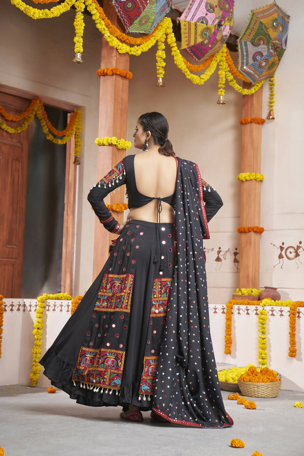 Black Viscose Rayon Thread Embroidery with mirror work Navratri Lehenga Choli with Dupatta - Raas