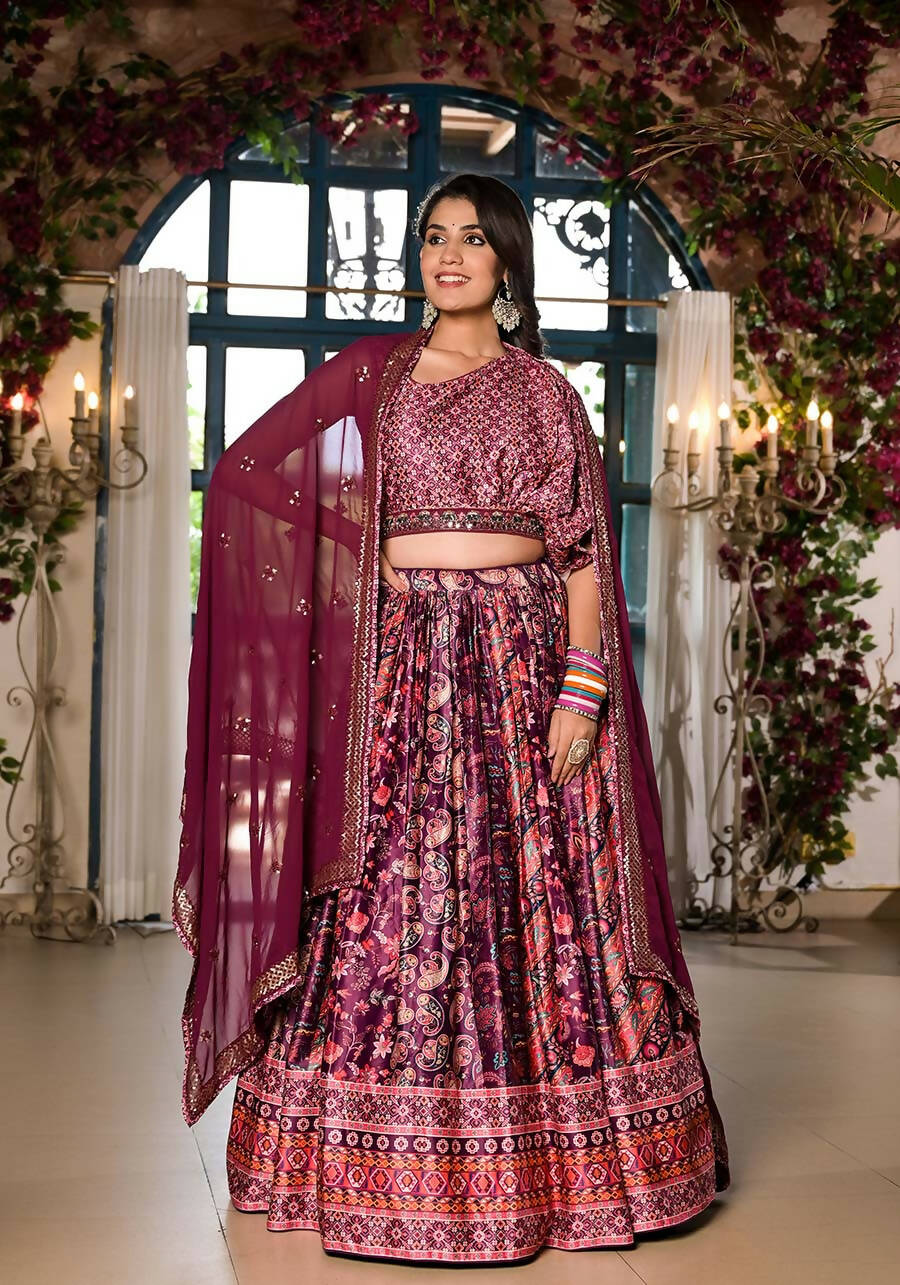 Women's Wedding Traditional Mulberry Dull Satin Lehenga Choli - Kaushlya