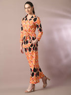 Myshka Women's Multi Printed Polo Collar Party Top With Trousers Co-ord set