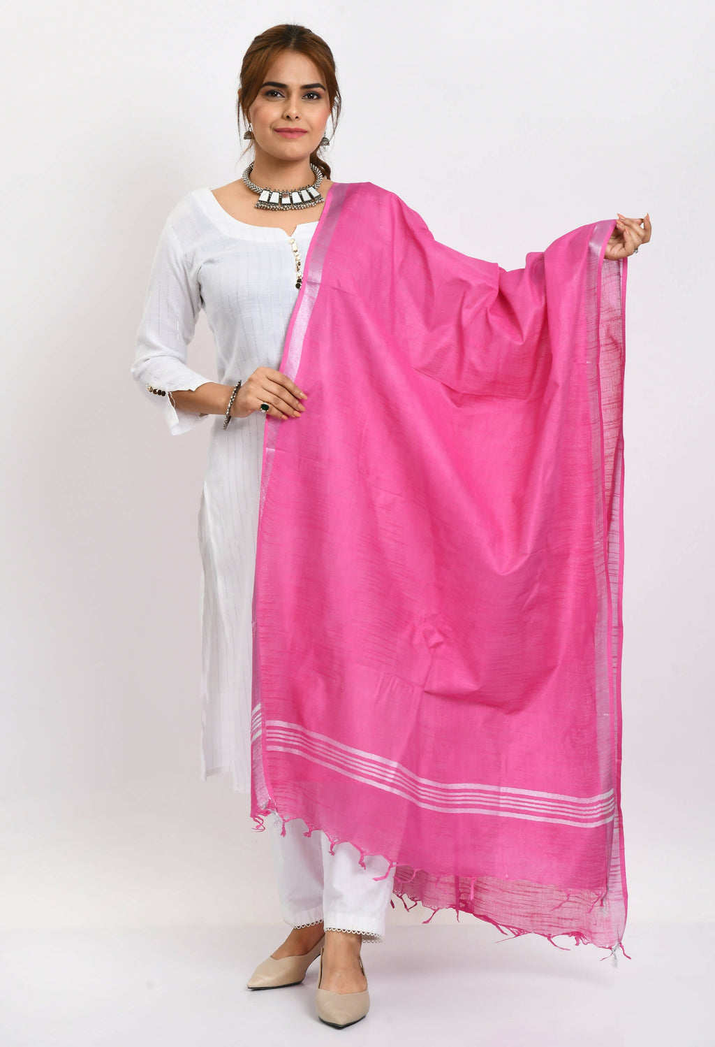 Mominos Fashion Moeza Women's Linen Cotton Silver Border Dark Pink Dupatta - Distacart