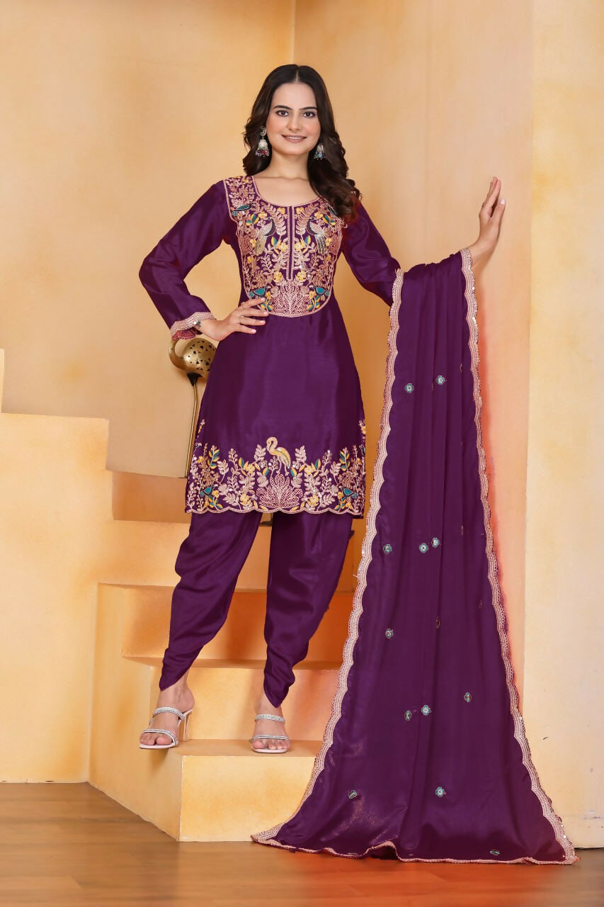 Teeya Creation Wine Color Chinon Silk Party Wear Punjabi Dhoti Suit - Distacart