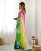 Green Georgette Pedding Color, Embroidery Work Party Wear Saree - Erisha