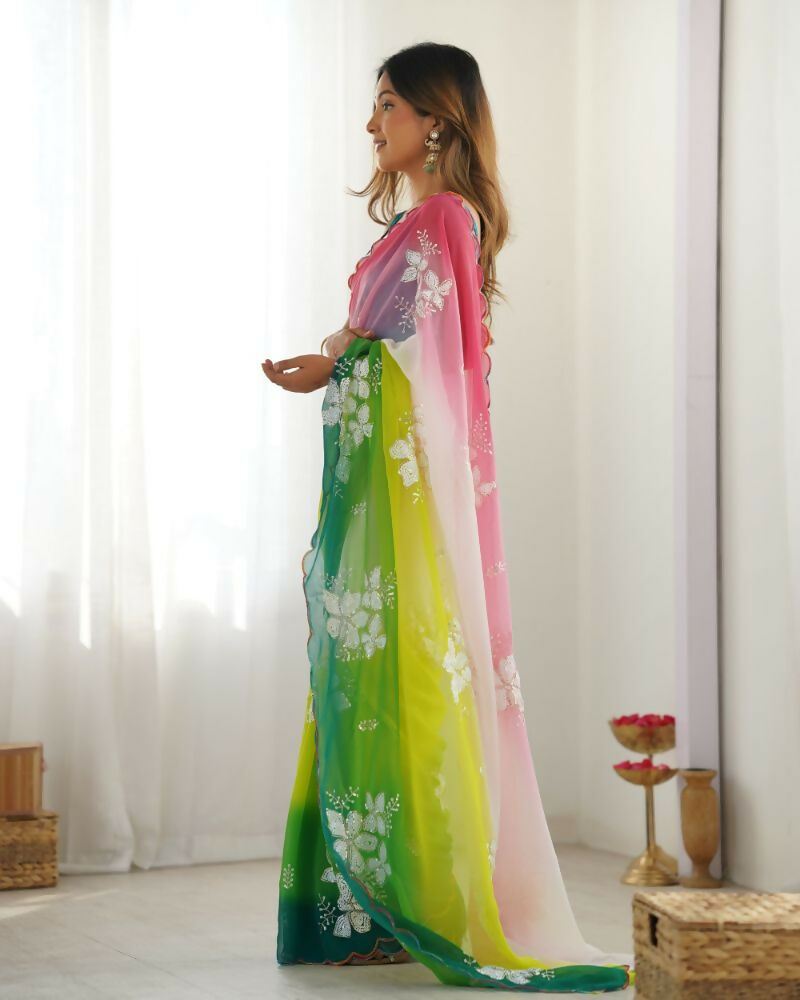 Green Georgette Pedding Color, Embroidery Work Party Wear Saree - Erisha