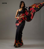 Black Bright Moss Designer Digital Printed Party Wear Saree - Be Verly
