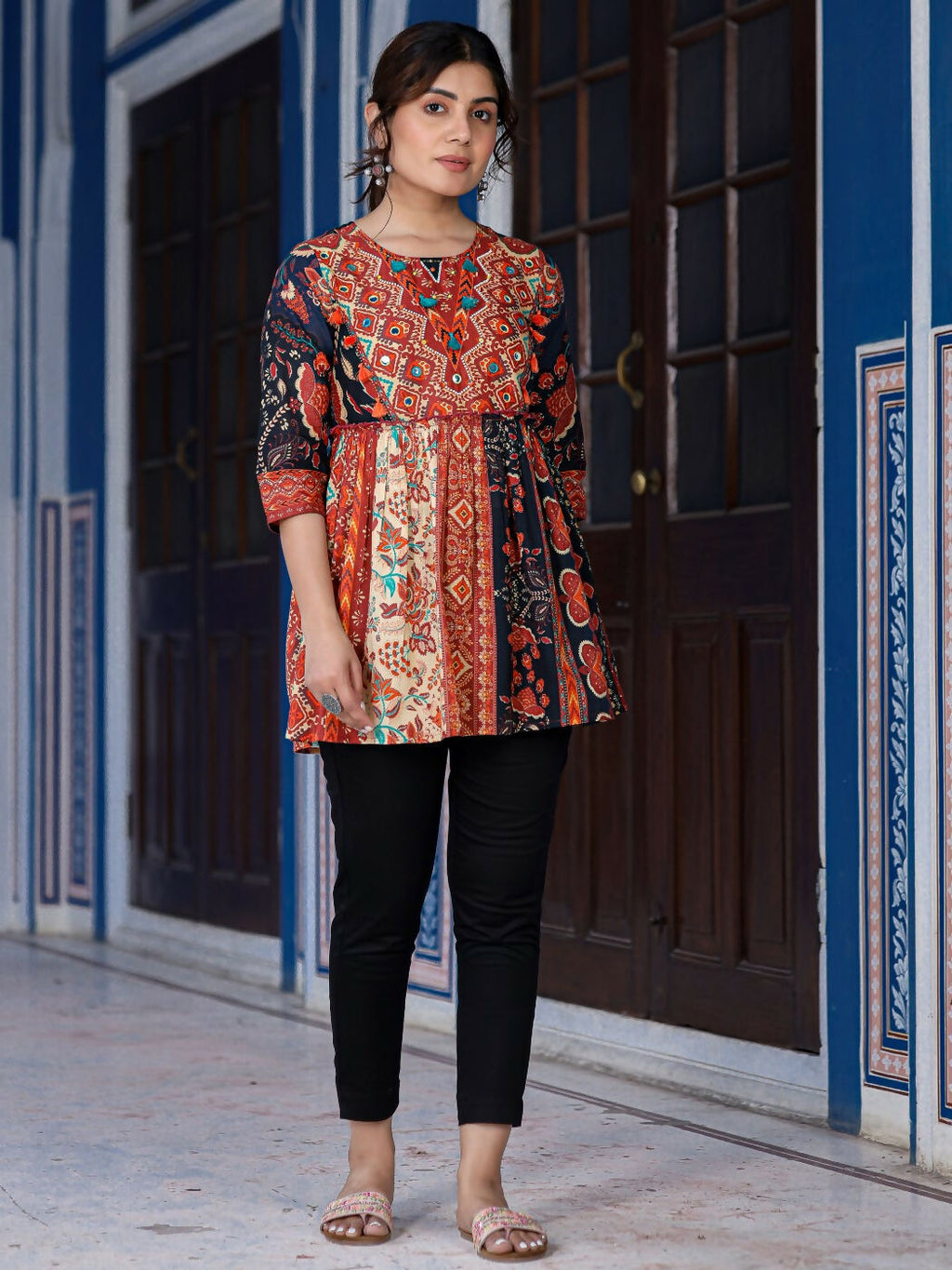 Juniper Women's Multi Colored Ethnic Motif Printed Cotton Peplum Tunic