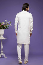 Raivat Ethnic Art Banarasi Silk Thread Work Kurta Pajama In Cream Colour