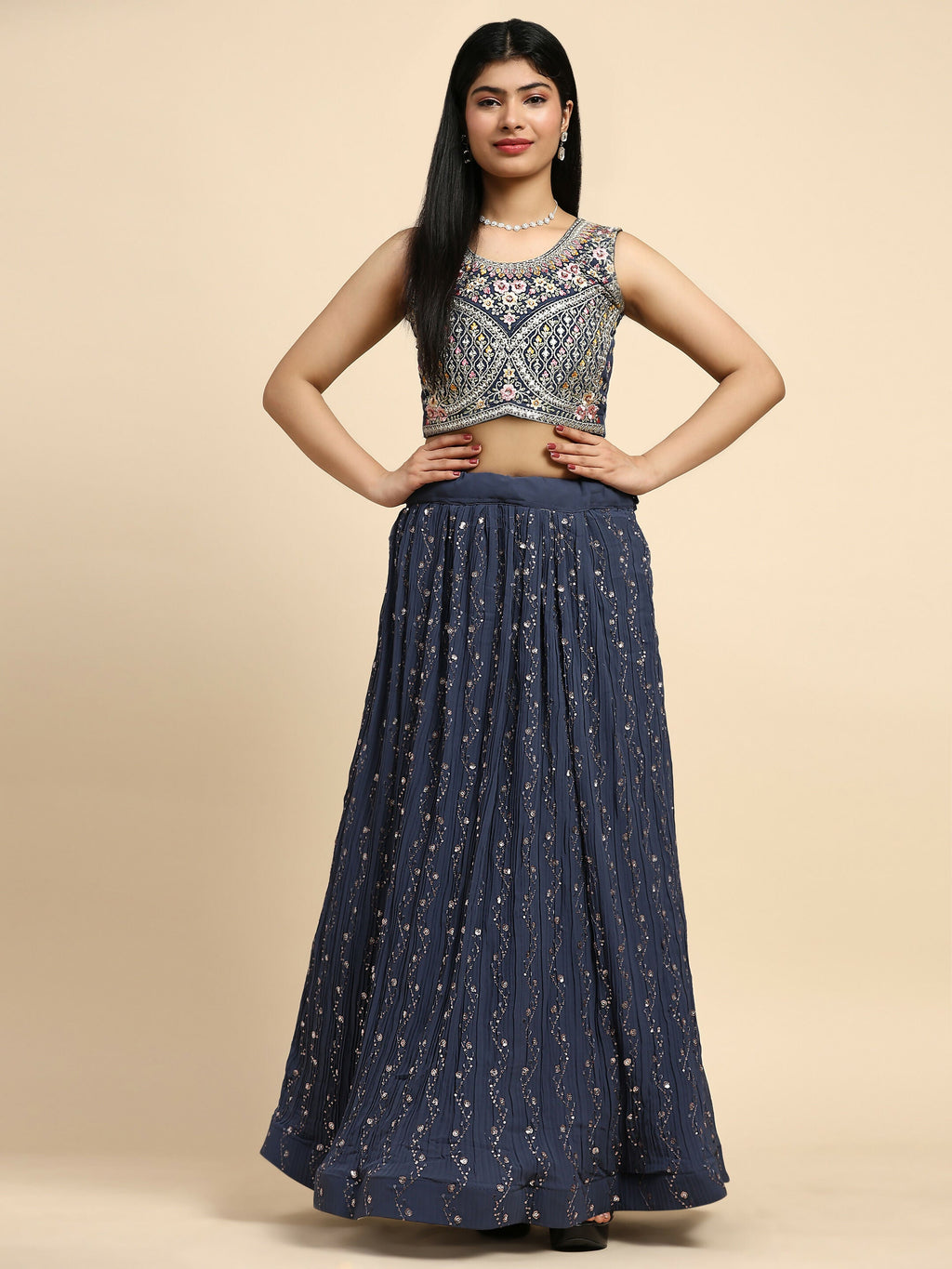 Dark Grey Georgette Embroidered Lehenga choli with Dupatta - Dhara