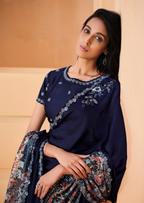 Navy Blue Satin Crepe Silk Embroidery with Digital Sequence Work Saree - Norita Helly