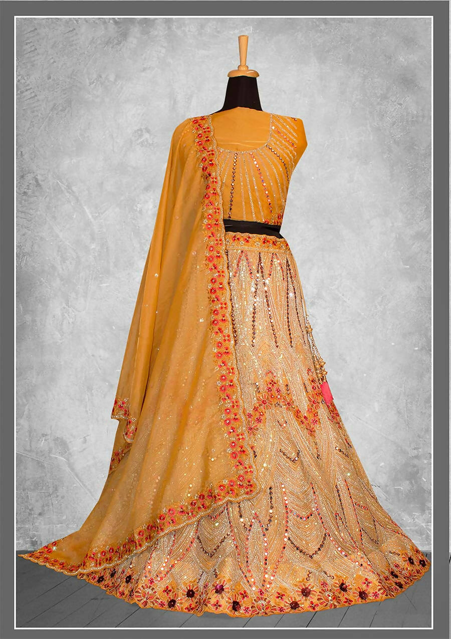 Mustard Net Embroidery & Thread Work Bridal lahenga Choli with Dupatta - Nimaya Pavitra Rista