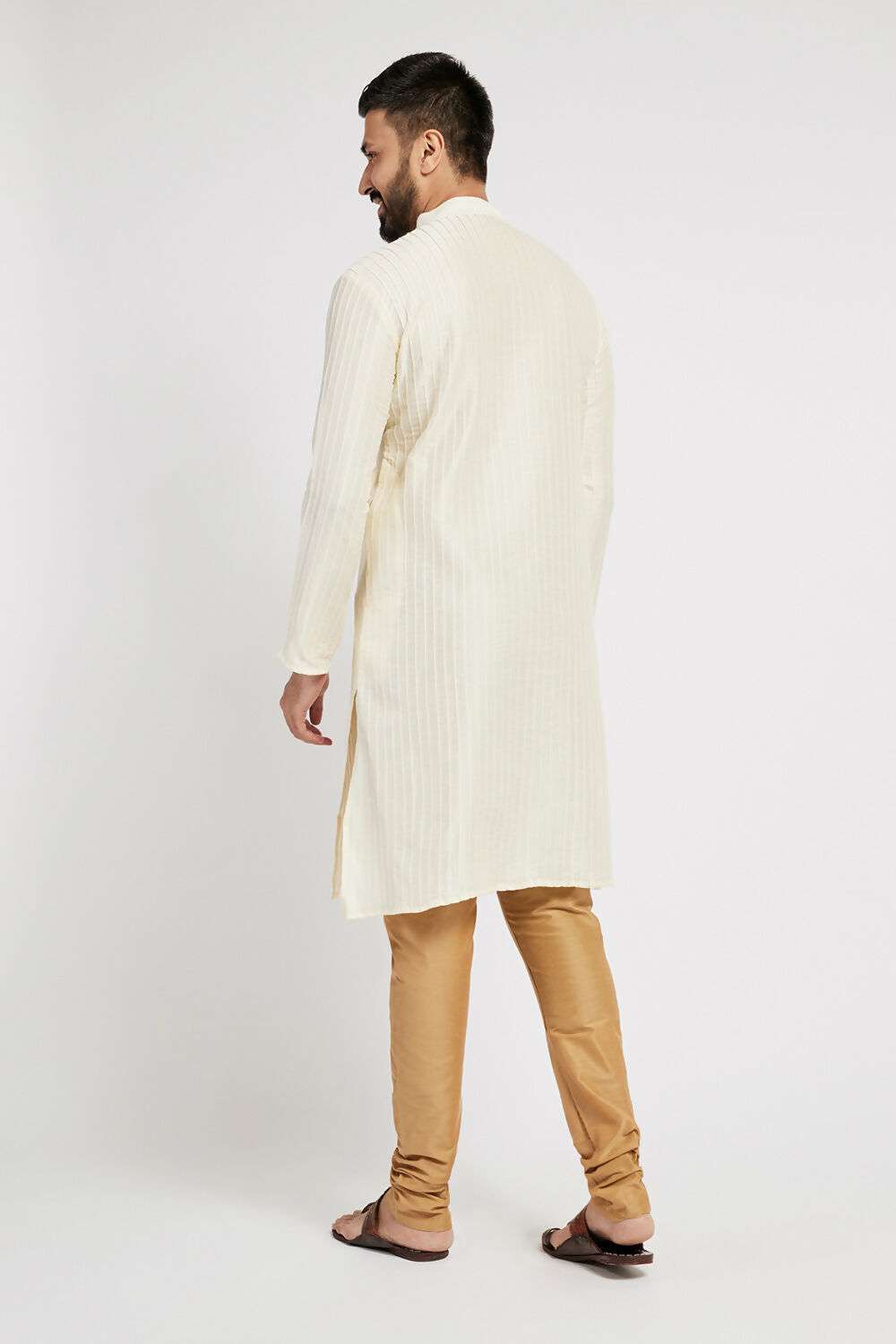 Ethnic India Cream Men's Kurta Striped Polyester