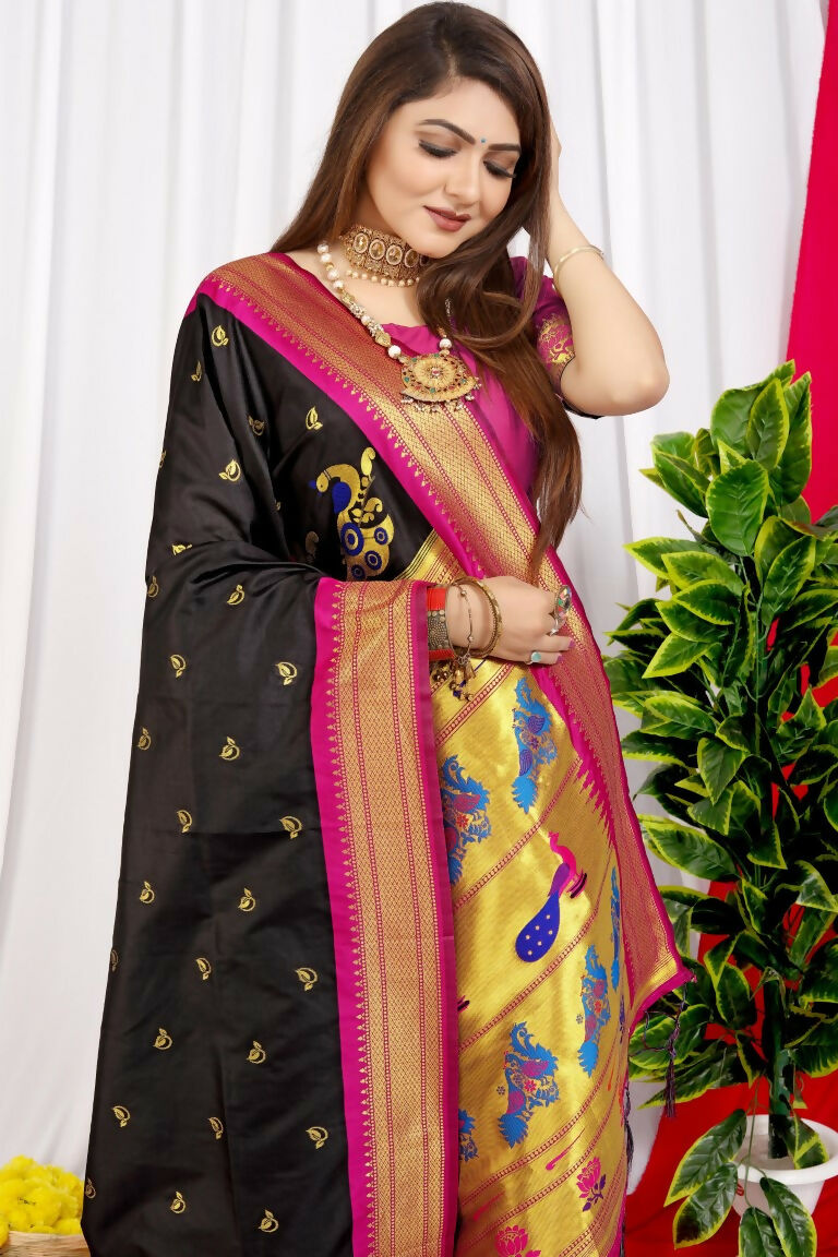 Jyoti Fashion Women's Black Paithani Silk Zari Woven Saree with Blouse