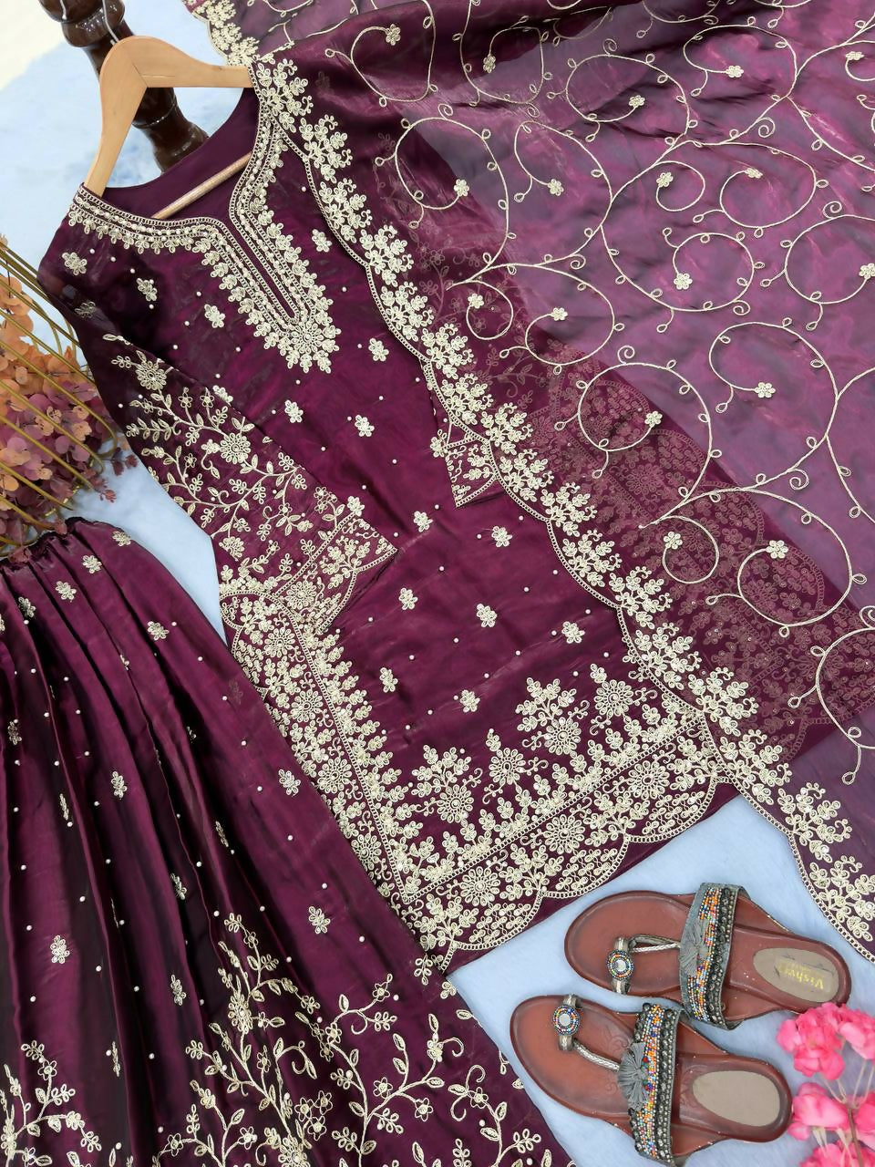 Teeya Creation Wine Pure Silk Gimmy Silk Heavy Embroidery Work Wedding Wear Palazzo Pair - Distacart