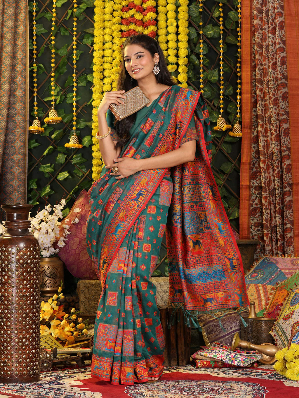 Shree Shyam Fashion Linen Cotton Rama Green Saree - Distacart