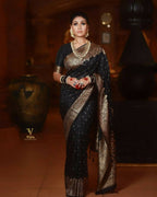 DEIANA'S Beautiful Designer Golden zari Soft Lichi Silk Saree - Black
