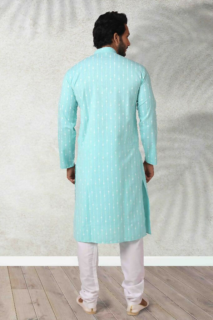 Raivat Ethnic Cotton Printed Work Kurta Pajama In Sea Green Colour