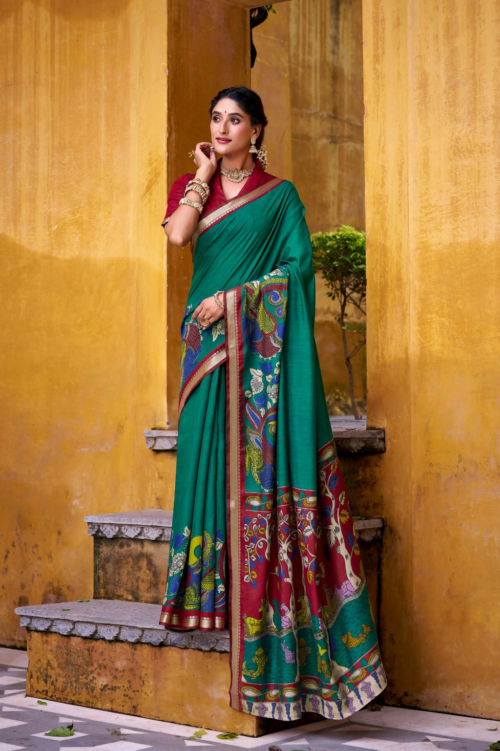 Vastranavya Firozi Viscose Chanderi Kalamkari Print with Zari Working Saree & Unstitched Blouse - Distacart