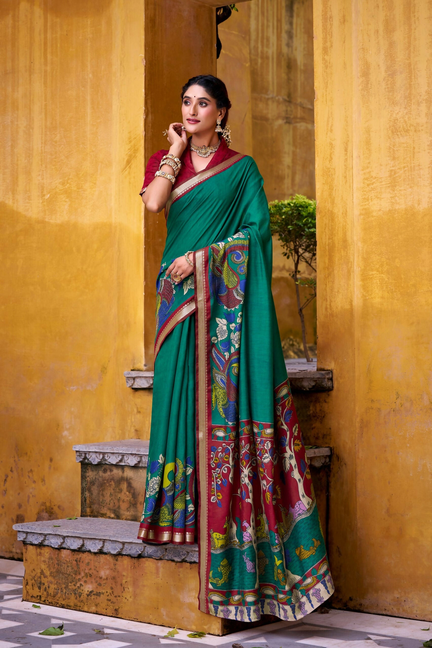 Vastranavya Firozi Viscose Chanderi Kalamkari Print with Zari Working Saree & Unstitched Blouse - Distacart