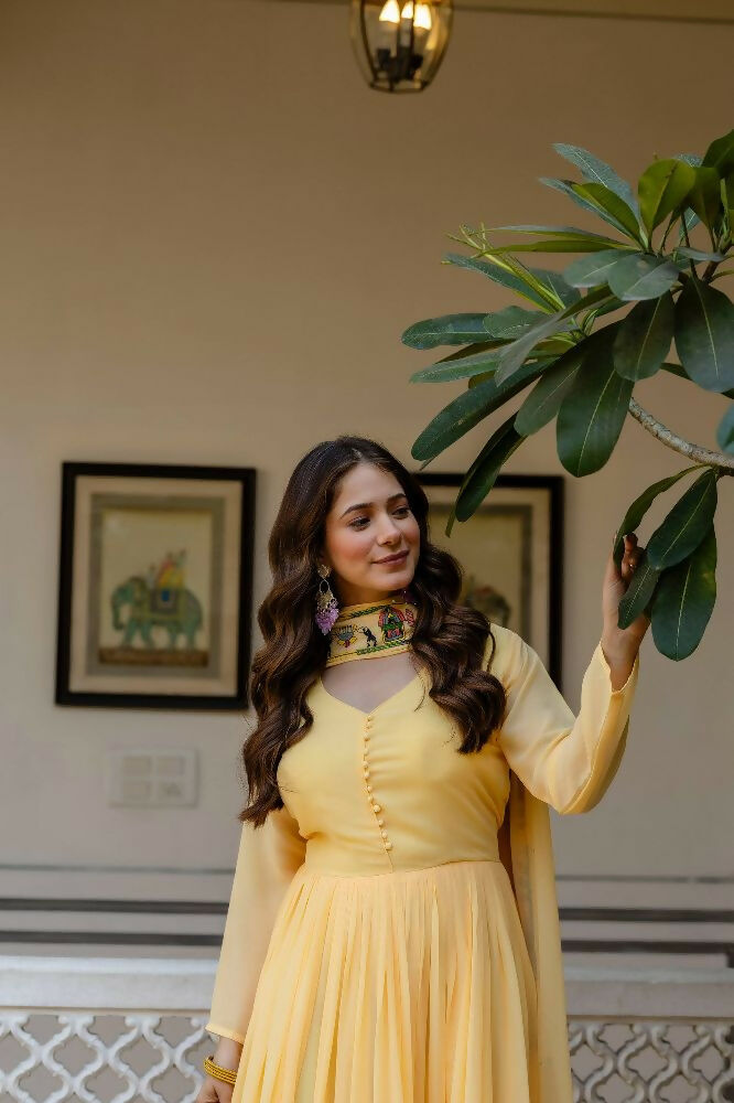 Teeya Creation Yellow Color Faux Georgette Heavy Embroidery Work Party Wear Long Gown - Distacart