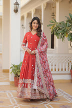 Joban Fashion Orange Georgette Sequence Embroidery Work Kurta Set - Distacart