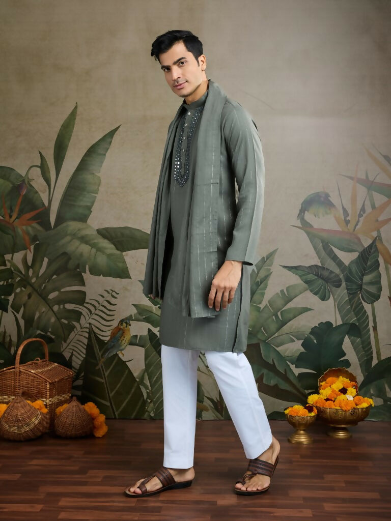 Vastranavya Rust Green Exclusive Viscose Rayon Festival Wear Real Mirror Work Kurta with Dupatta