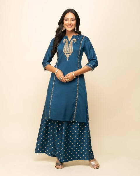 FIORRA Women's Teal Blue Silk Blend Straight Kurta Palazzo Set With Dupatta
