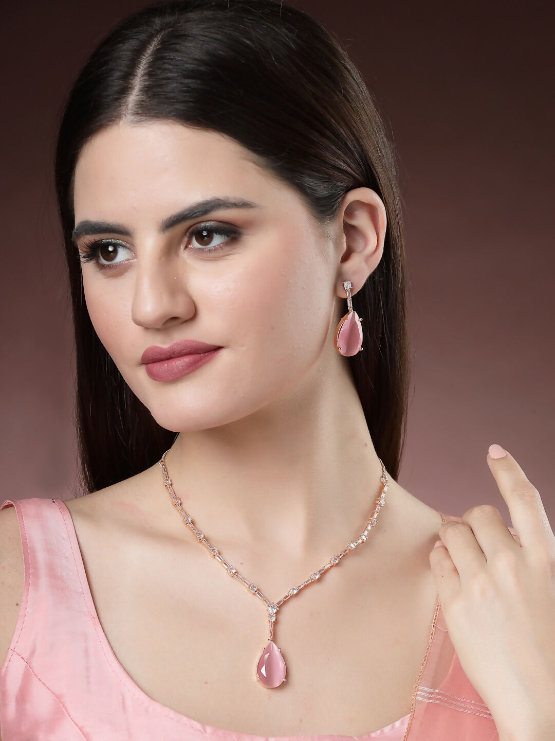 NVR Women's Rose Gold Artificial Stones Studded Handcrafted Jewellery Set